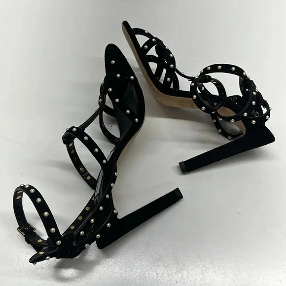Jimmy Choo Beverly Caged High Heels Faux Pearl Studded Suede Black Size 37 7 - Picture 8 of 12